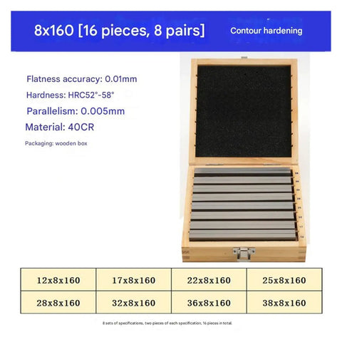 Precision Alloy Steel Parallel Blocks Set Featuring Eight Heavy Duty Pairs For Dead Nuts Accurate CNC Milling Router And Table Saw Setup Jigs in a wooden box.