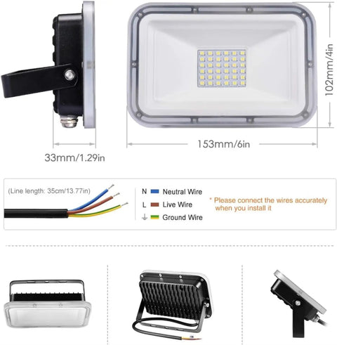 JUDYSSY Led Flood Lights Outdoor 30W, Ip67 Waterproof Garden Security Lights, detailed angle view showing dimensions and wiring.