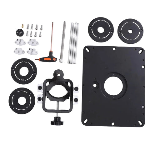 Heavy Lifter Router Lift For Weekend Warriors Featuring Micro Pinpoint Dial Adjustments Plug And Play Four Ring System components laid out.