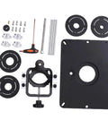Precision Router Lift System With Aluminum Alloy Table Mount parts including base plate, insert rings, and assembly tools.