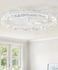 24 Inch Ceiling Fan With LED Lights And Smart App Remote Flush Mount Design Provides Legit Wide Airflow For Bedrooms And Living Rooms Straight Up Smooth Daily Cooling, featuring a sleek crystal light ring.