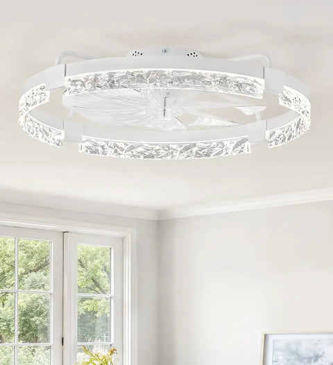 24 Inch Ceiling Fan With LED Lights And Smart App Remote Flush Mount Design Provides Legit Wide Airflow For Bedrooms And Living Rooms Straight Up Smooth Daily Cooling, featuring a sleek crystal light ring.