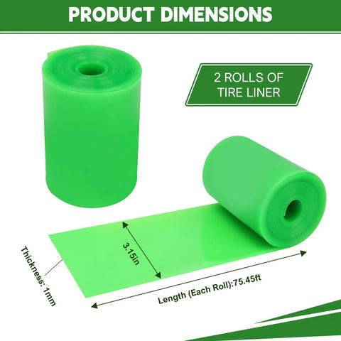 Two Roll Bike Tire Liners Set for Road and Mountain Rides Puncture Proof TPU Inner Tube Protectors, dimensions labeled.