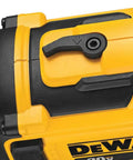 Close-up of 20V Max Brushless 15 Degree Cordless Roofing Nailer With Tool Free Nail Tray Battery Powered Yellow And Black