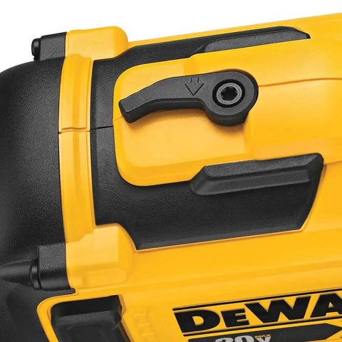 Close-up of 20V Max Brushless 15 Degree Cordless Roofing Nailer With Tool Free Nail Tray Battery Powered Yellow And Black