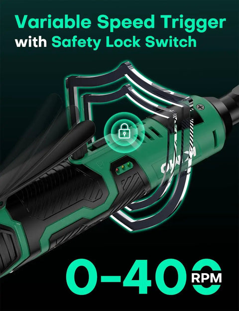 Cordless Electric Ratchet Wrench Set Delivers Forty Foot Pounds Of Torque At Four Hundred RPM Twelve Volt Three Eighths Inch Capacity variable speed trigger with safety lock switch image
