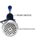 Pro Grade Heavy Duty Single Stage Rotary Vane Vacuum Pump For Refrigerant Hvac Service With High Flow Rate Anti Reflux Gas Ballast and Quick Pull Evacuation With Oil Sight Glass showing start switch and heat dissipation window.