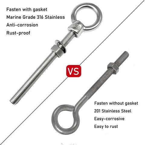 Comparison of 316 stainless steel shoulder lifting ring eyebolts with nuts and washers vs 201 steel without gasket.