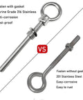 Comparison of two eyebolts, top is marine grade 316 stainless with gasket, bottom is 201 stainless without gasket, showcasing rust resistance.