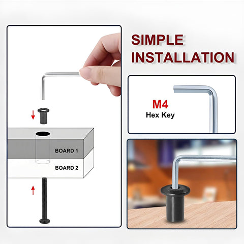 M6 Socket Cap Bolt Kit For Furniture, 30 Piece Set With Allen Wrench, showing installation with countersunk screws and barrel nuts.