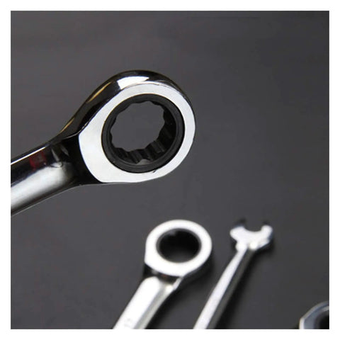 Close-up of 72-Tooth Ratchet Spanner Set With Fixed Head Wrenches, showing black rust-resistant finish and compact design.