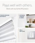 Pure White RTS Remote For One Motorized Shade Or Group, Single Channel Control, Not Zigbee WiFi Z Wave shown with compatible Somfy RTS products