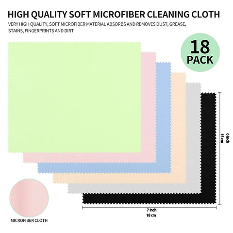 Amazon 18-pack microfiber cleaning cloths, 7 x 6 in, multicolor for eyeglasses, cameras, phones.