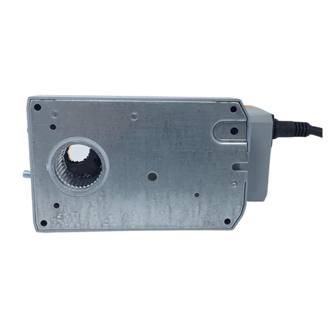 Built Different Damper Actuator And Valve Controller Boasting 8 Nm Torque Ac Dc 24v Power Plug And Play Mounting under view showing metal housing.