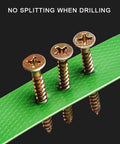 Three gold screws on a green Rock Solid Pet Poly Strapping Roll, showcasing no splitting when drilling.