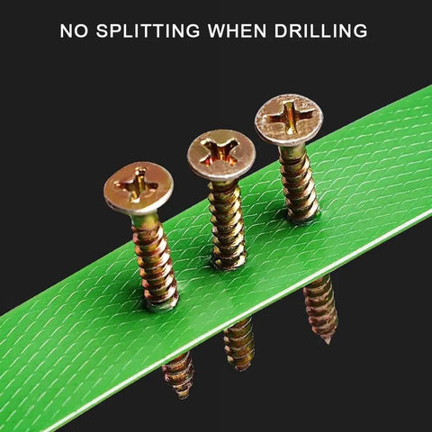 Three gold screws on a green Rock Solid Pet Poly Strapping Roll, showcasing no splitting when drilling.