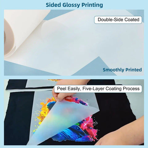 Double-sided glossy printing on DTF Transfer Film Roll 13 Inch By 328 Feet Double Sided Glossy Clear Pretreated PET Heat