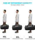 Model carrying Extra Large Waterproof Duffel Bag 80L with Roll Top Closure and PVC Build next to smaller sizes for comparison