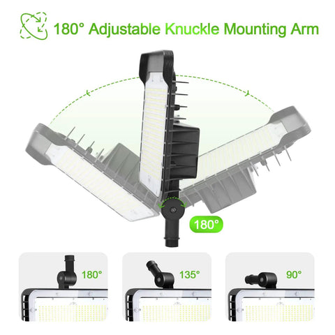 Diagram showing 150W LED Flood Light With Dusk To Dawn Sensor, IP65 Waterproof Outdoor Floodlight, adjustable knuckle mount angles.