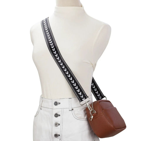 Snag This Wide Adjustable Crossbody Purse Strap For A Luxe Jacquard Weave Look And Solid Gold Hardware worn with a brown bag.