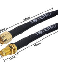 Close-up of SMA Extension Cable 32.8ft 10m SMA Male To Female RG58 50 Ohm Low Loss Coax Cable with connectors and dimensions.