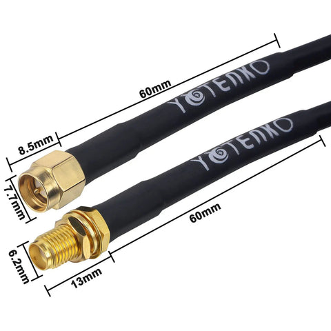 Close-up of SMA Extension Cable 32.8ft 10m SMA Male To Female RG58 50 Ohm Low Loss Coax Cable with connectors and dimensions.