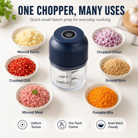 Cordless Electric Garlic Chopper And Mini Food Processor 400Ml Blue With Six Stainless Steel Blades for mincing and chopping ingredients.