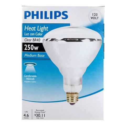 Product packaging of Premium 250 Watt BR40 Clear Heat Lamp Flood Light Bulb For Recessed Can And Track Lighting Infrared Warmth