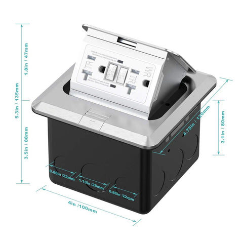 Pop Up Floor Outlet Box Kit With 20 Amp GFCI Receptacle, Tamper Resistant, Weather Resistant Stainless Steel Flip Up Cover, 1 Pack