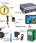 Built Tough No Sweat Wifi Inspection Camera With 7 Inch Lcd Screen Industrial Endoscope 22Mm Bore Scope IP68 Waterproof Sewer Pipe Cam For Dvr Video Checks And Wall Wire Inspections package contents on display, including camera, LCD screen, cables, and battery.
