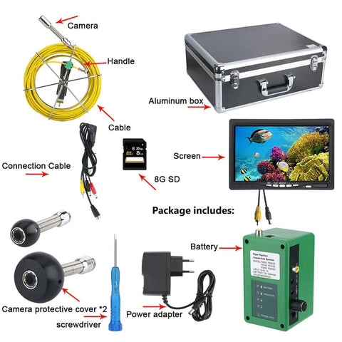 Built Tough No Sweat Wifi Inspection Camera With 7 Inch Lcd Screen Industrial Endoscope 22Mm Bore Scope IP68 Waterproof Sewer Pipe Cam For Dvr Video Checks And Wall Wire Inspections package contents on display, including camera, LCD screen, cables, and battery.