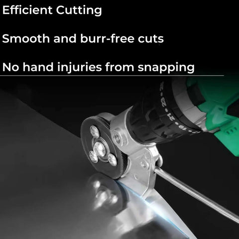 Sheet Metal Shear Drill Attachment cutting metal sheet with cordless drill, showing smooth burr-free cuts, ideal for 20-30 gauge metals.