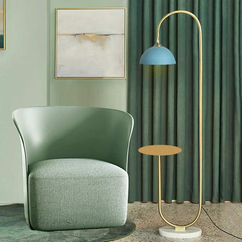 Modern Standing Floor Lamp With Built In Table For Bedroom Or Living Room Ideal For Reading Brushed Brass Finish With Blue Lampshade Sleek Minimalist Design For Cozy Ambient Lighting