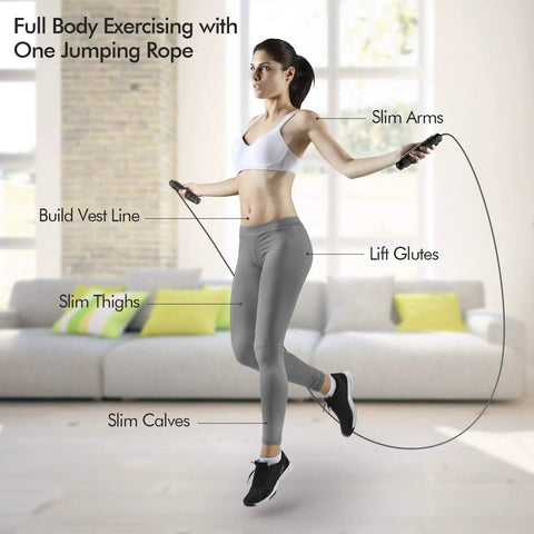 Woman using Tangle Free Rapid Speed Jump Rope With Ball Bearings And Steel Cable, Adjustable Length, in home gym