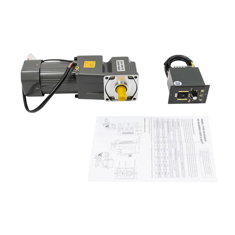 Front view of 110V electric gear reducer motor with 90-degree output shaft and attached control box.