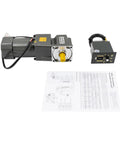 Right Angle Gear Motor 120W 30K Ratio Variable Speed Drive with 90 Degree Output, control unit, and manual on white background