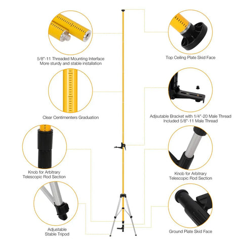 Beefy Telescoping Laser Level Pole With Tripod Stand 12 Ft Adjustable Height For Rotary And Line Lasers Universal Bracket With 1/4-Inch And 5/8-Inch Threaded Adapters Heavy-Duty Stability And Easy Setup