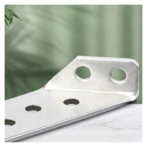 Close-up of Beefy Heavy Duty Stainless Steel Angle Brackets 4 Pack For Shelves And Wall Mounts Scratch Resistant hardware.