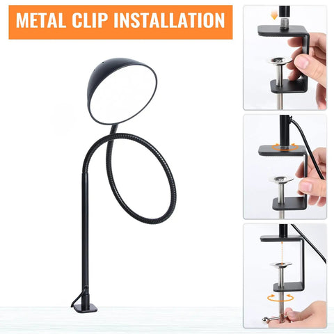 Gooseneck Clip Desk Lamp With Clamp, 10W 1100 Lumens, 31 Inch Flexible Arm, USB Powered, metal clip installation process shown