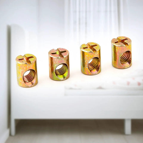 Top Shelf M6 Barrel Nuts And Slotted Cross Dowel Screws With 4 Pack Spring Loaded Replacement Hardware For Furniture Bed Crib And Chair Fixings Straight Up Solid Performance No Sweat Assembly Gold Finish, showing four gold barrel nuts.