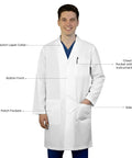 White Unisex Lab Coat Ultra Comfortable Poly Cotton Blend 37 Inch Professional Coat With Notched Lapel Four Button Closure Durable Soft Labwear X Large