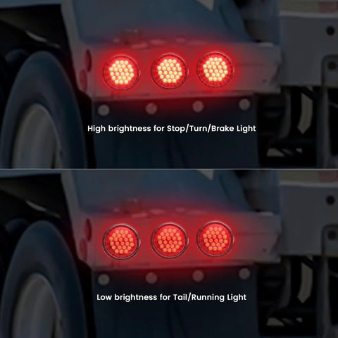 4-Inch Round LED Trailer Lights Pack of 4, 24-LED High-Output Red Tail Lights on truck, showing high and low brightness modes