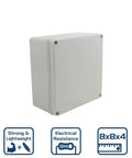8x8x4 Inch IP65 Weatherproof Junction Box PS Plastic Electrical Enclosure For Outdoor And Indoor Use Dustproof Project Box With Universal Conduit Fittings 1 Pack shown angled view, displaying strong and lightweight features, electrical resistance, and size illustration.