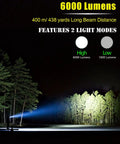 6000 Lumen Rechargeable Waterproof Flashlight With P50 LED, 400m Beam illuminating forest with 6000 lumens and light modes shown