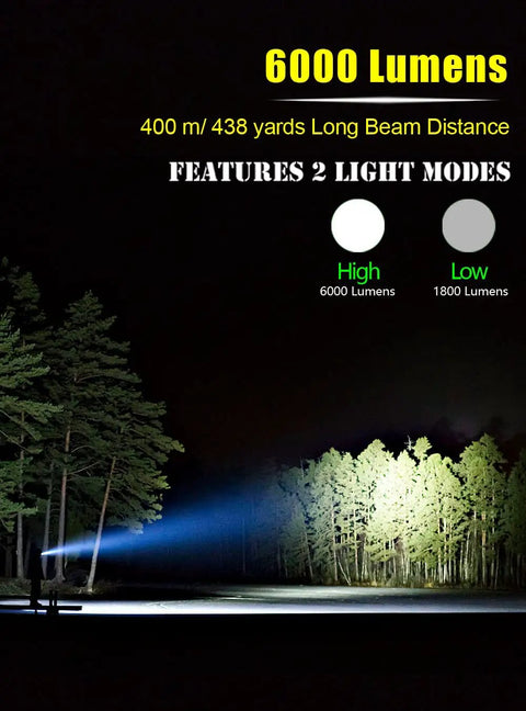 6000 Lumen Rechargeable Waterproof Flashlight With P50 LED, 400m Beam illuminating forest with 6000 lumens and light modes shown