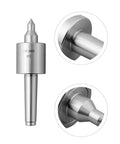 MT2 lathe live center with MT2 taper, steel shaft, front view with tip and shaft close-ups