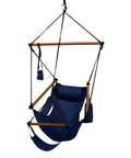 Blue Hanging Hammock Chair With Wooden Dowels, 350 Lb Capacity, Includes Carrying Case, Pillow, Footrest, Cup Holder shown