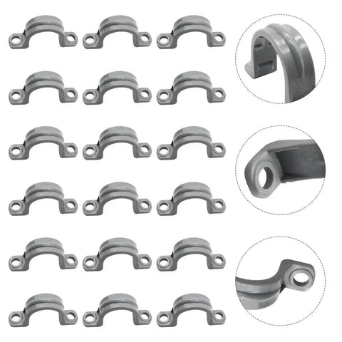 Thirty Pack Real Heavy Duty Three Quarter Inch Pvc Conduit Clamps Flexible Two Hole U Clip Pipe Mounting Straps arranged in grid.