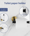 Close-up of black gold toilet paper holder with roll from 5 Piece Black Gold Bathroom Hardware Set With 16 Inch Towel Bar, Towel Ring, 2 Towel Hooks And Toilet Paper Holder, Dope Wall Mounted Bath Accessories For Modern Vibe And Durable Stainless Steel Build, shown with dual installation options on white background.