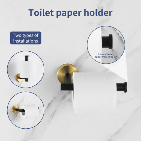 Close-up of black gold toilet paper holder with roll from 5 Piece Black Gold Bathroom Hardware Set With 16 Inch Towel Bar, Towel Ring, 2 Towel Hooks And Toilet Paper Holder, Dope Wall Mounted Bath Accessories For Modern Vibe And Durable Stainless Steel Build, shown with dual installation options on white background.